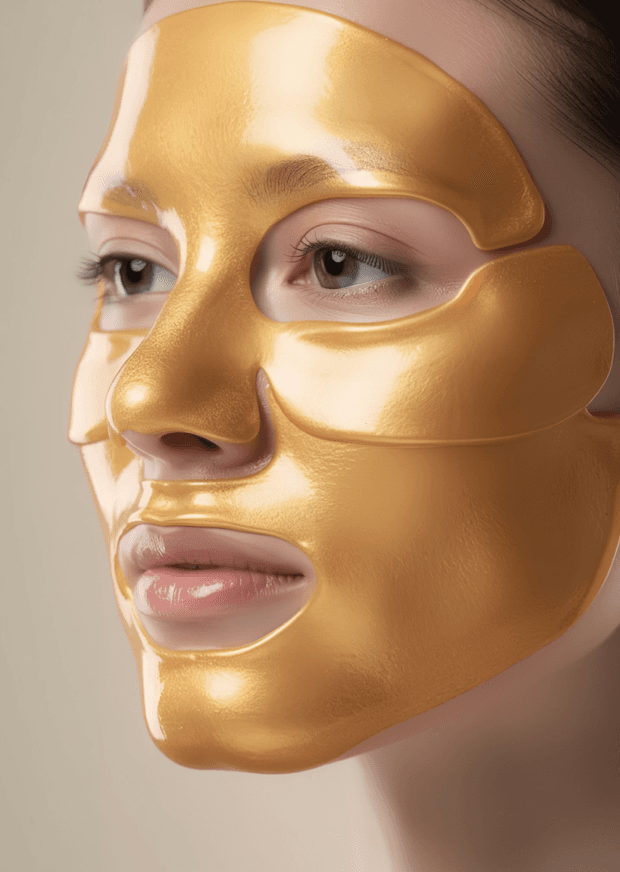 Person wearing golden sheet mask